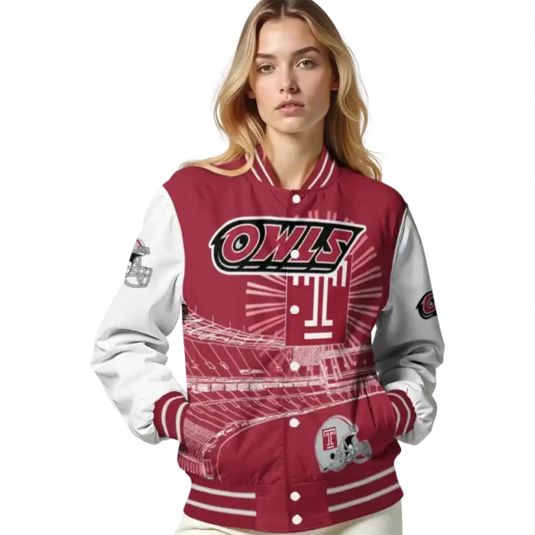 personalized temple owls ferris arena red white varsity jacket latest model.webp
