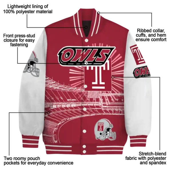 personalized temple owls ferris arena red white varsity jacket new arrival.webp