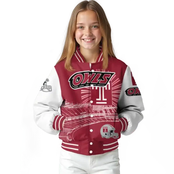 personalized temple owls ferris arena red white varsity jacket top rated.webp