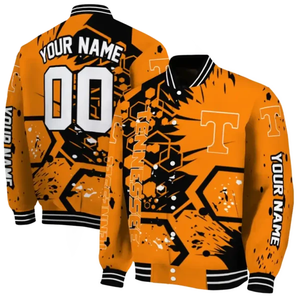 personalized tennessee volunteers hexagon cluster orange black varsity jacket fashion forward.webp