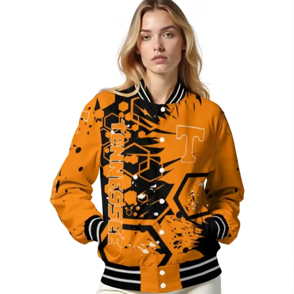 personalized tennessee volunteers hexagon cluster orange black varsity jacket latest model.webp