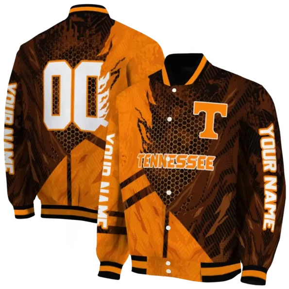 personalized tennessee volunteers hexagon mesh orange black varsity jacket fashion forward.webp