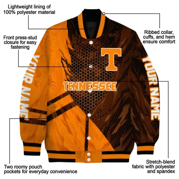 personalized tennessee volunteers hexagon mesh orange black varsity jacket new arrival.webp