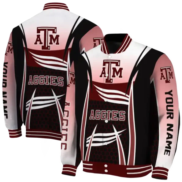 personalized texas am aggies mesh effect maroon black varsity jacket fashion forward.webp