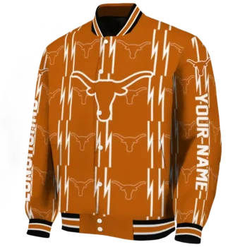 personalized texas longhorns bolt stripe orange varsity jacket best selling.webp
