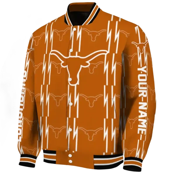 personalized texas longhorns bolt stripe orange varsity jacket best selling.webp