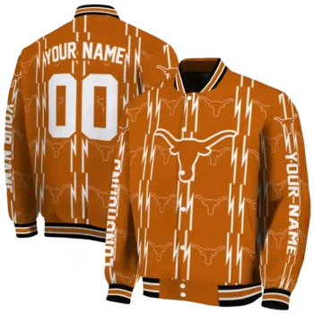 personalized texas longhorns bolt stripe orange varsity jacket fashion forward.webp