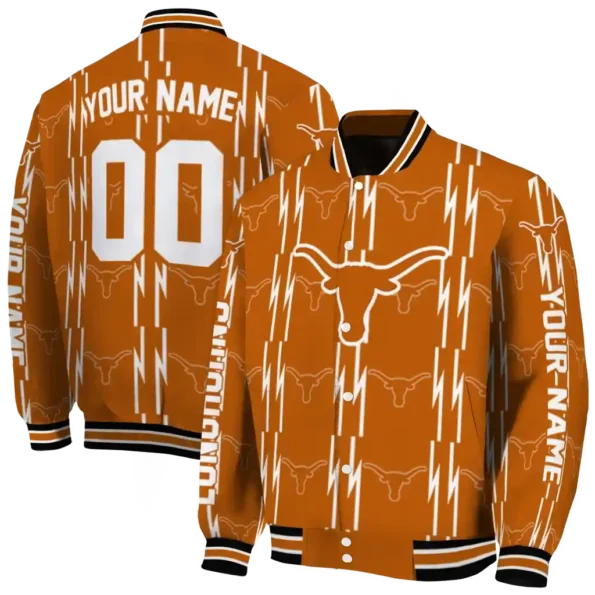 personalized texas longhorns bolt stripe orange varsity jacket fashion forward.webp