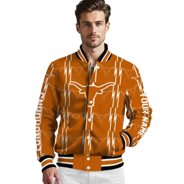 personalized texas longhorns bolt stripe orange varsity jacket high quality.webp
