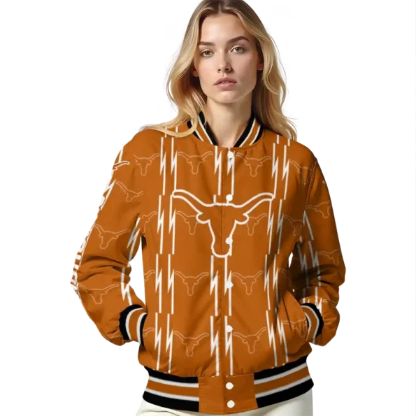 personalized texas longhorns bolt stripe orange varsity jacket latest model.webp