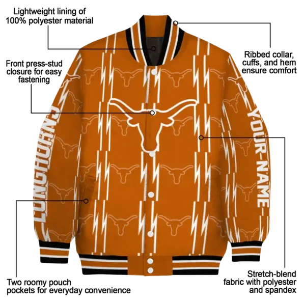 personalized texas longhorns bolt stripe orange varsity jacket new arrival.webp