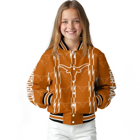 personalized texas longhorns bolt stripe orange varsity jacket top rated.webp