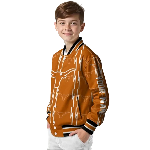 personalized texas longhorns bolt stripe orange varsity jacket trendy.webp