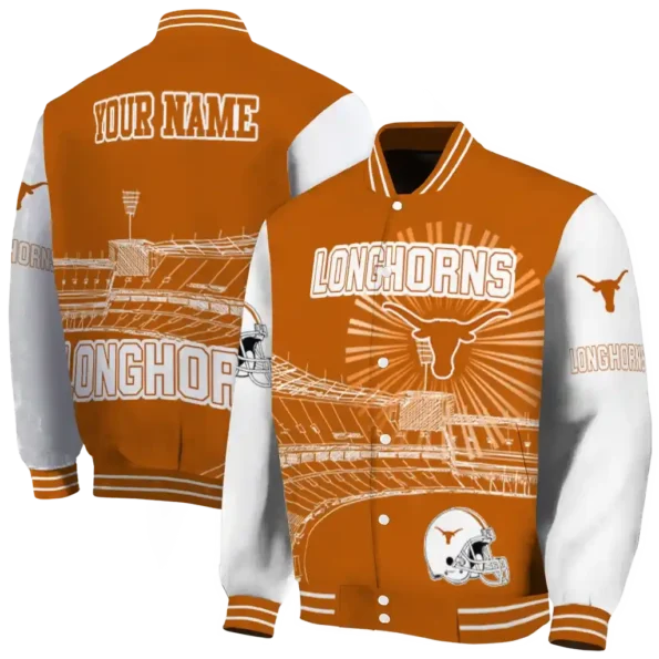 personalized texas longhorns ferris arena orange white varsity jacket fashion forward.webp