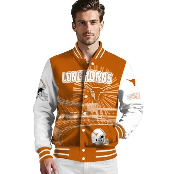 personalized texas longhorns ferris arena orange white varsity jacket high quality.webp