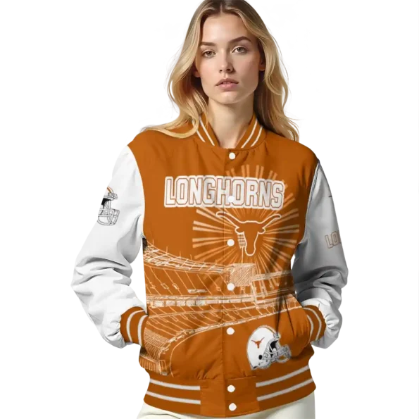 personalized texas longhorns ferris arena orange white varsity jacket latest model.webp