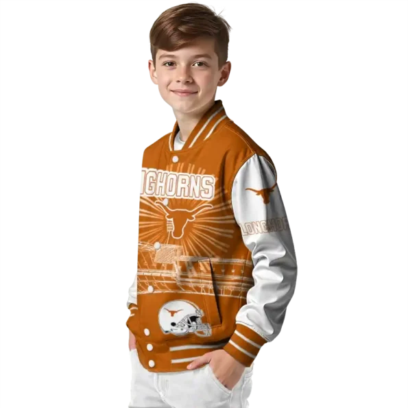personalized texas longhorns ferris arena orange white varsity jacket trendy.webp