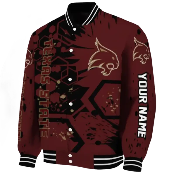 personalized texas state bobcats hexagon cluster maroon black varsity jacket best selling.webp