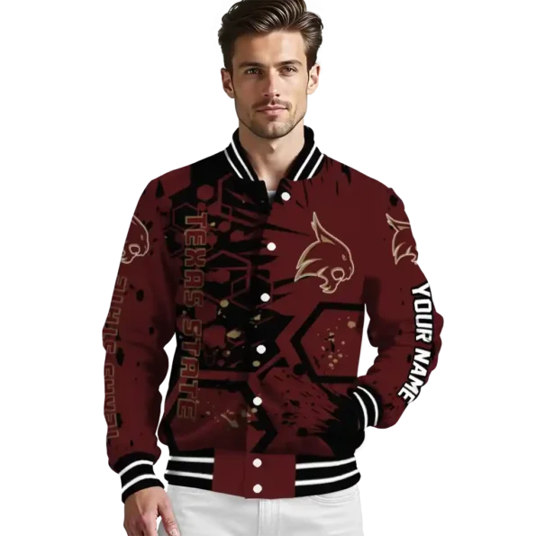 personalized texas state bobcats hexagon cluster maroon black varsity jacket high quality.webp