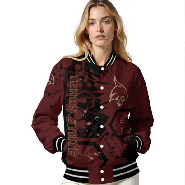 personalized texas state bobcats hexagon cluster maroon black varsity jacket latest model.webp