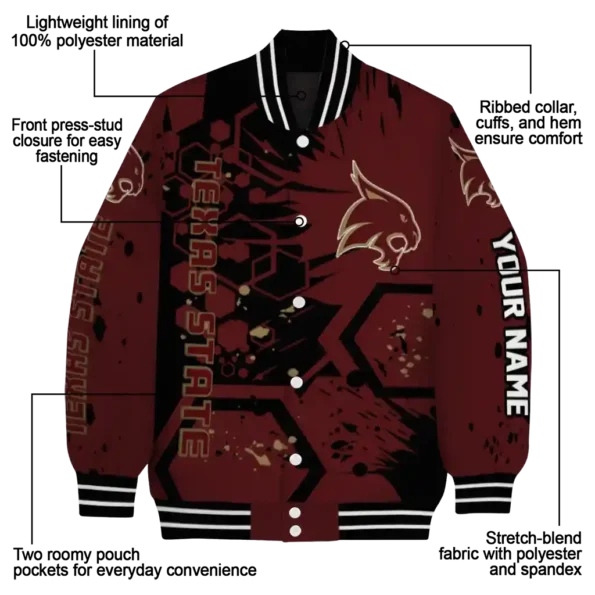 personalized texas state bobcats hexagon cluster maroon black varsity jacket new arrival.webp