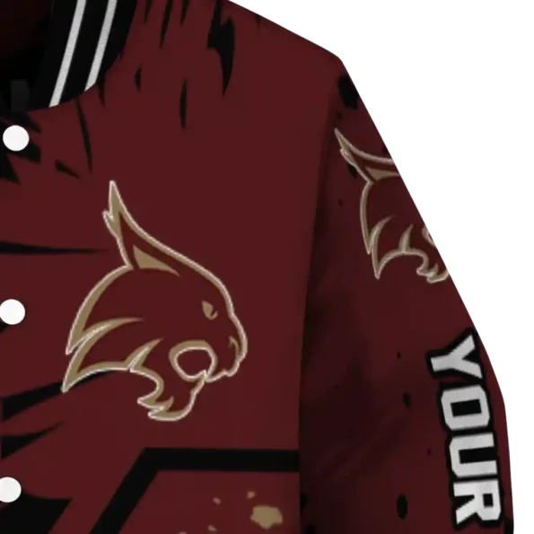 personalized texas state bobcats hexagon cluster maroon black varsity jacket premium grade.webp