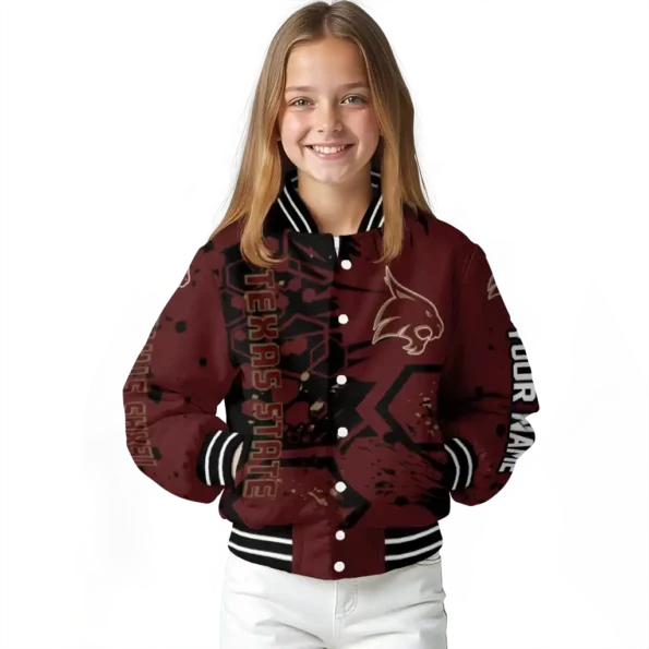 personalized texas state bobcats hexagon cluster maroon black varsity jacket top rated.webp
