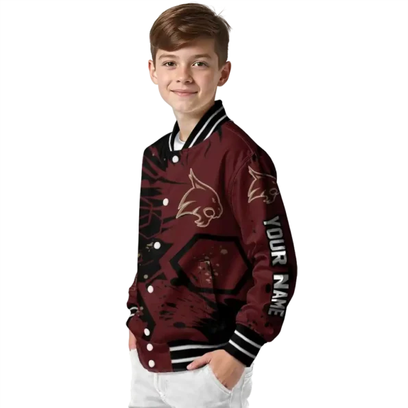 personalized texas state bobcats hexagon cluster maroon black varsity jacket trendy.webp