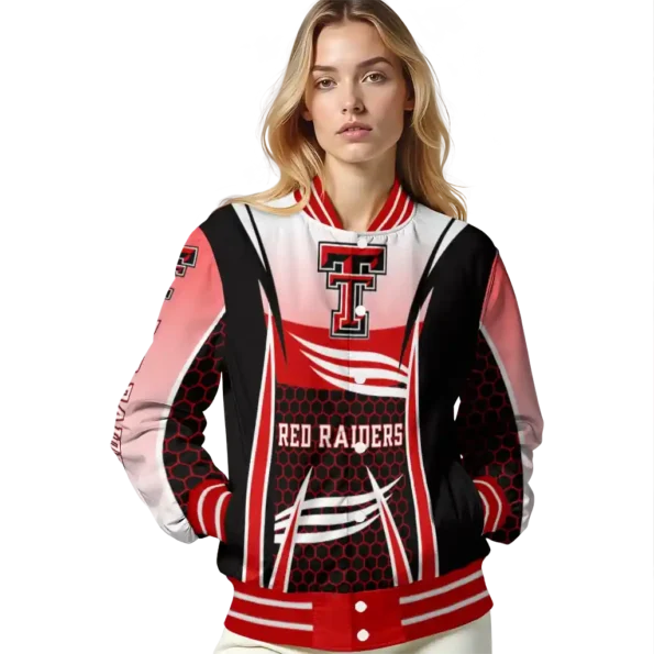 personalized texas tech red raiders mesh effect red black varsity jacket latest model.webp