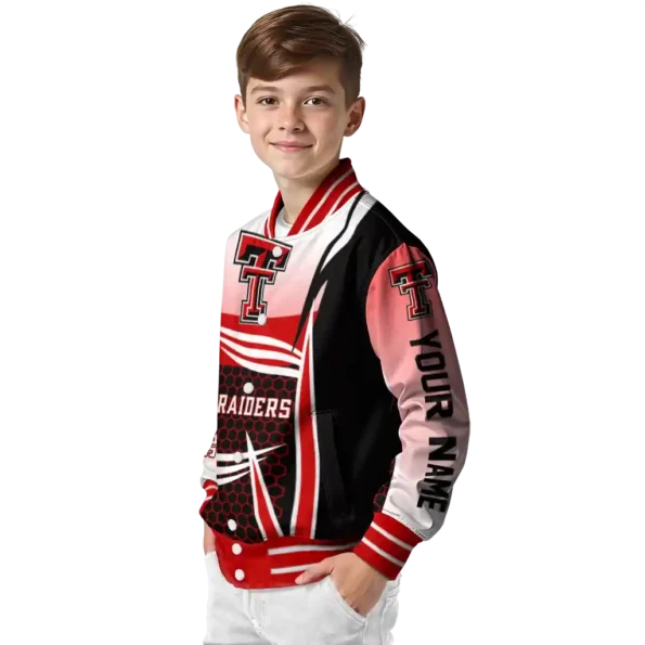 personalized texas tech red raiders mesh effect red black varsity jacket trendy.webp