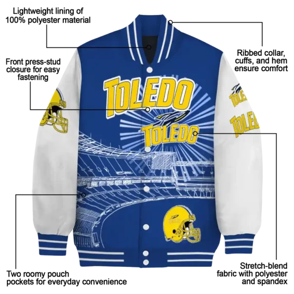 personalized toledo rockets ferris arena blue white varsity jacket new arrival.webp