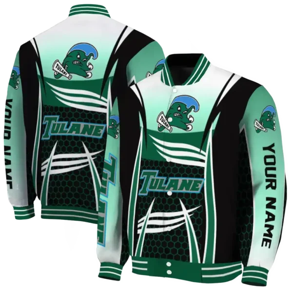 personalized tulane green wave mesh effect green black varsity jacket fashion forward.webp