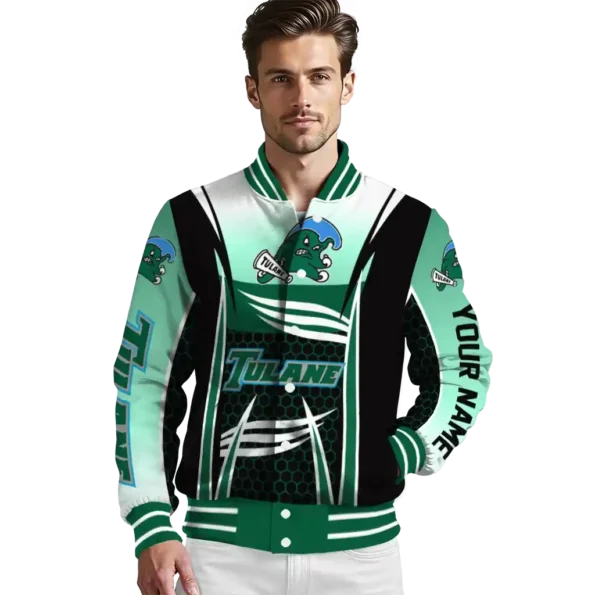 personalized tulane green wave mesh effect green black varsity jacket high quality.webp