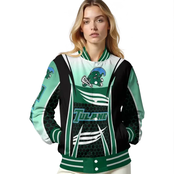 personalized tulane green wave mesh effect green black varsity jacket latest model.webp