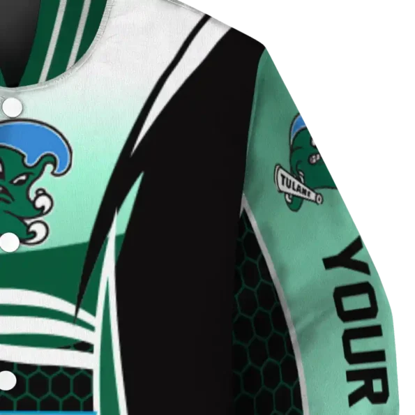 personalized tulane green wave mesh effect green black varsity jacket premium grade.webp