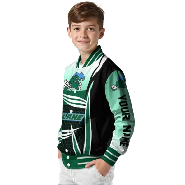personalized tulane green wave mesh effect green black varsity jacket trendy.webp