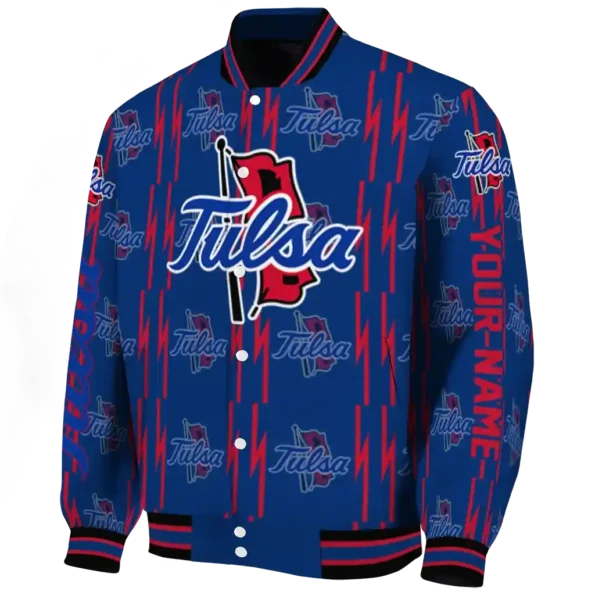 personalized tulsa golden hurricane bolt stripe blue varsity jacket best selling.webp
