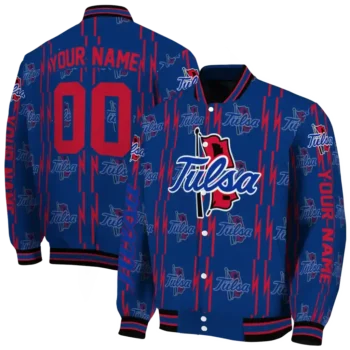 personalized tulsa golden hurricane bolt stripe blue varsity jacket fashion forward.webp