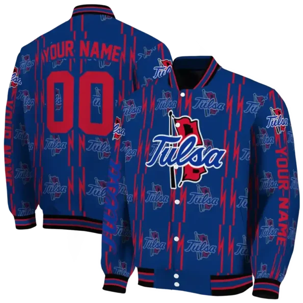 personalized tulsa golden hurricane bolt stripe blue varsity jacket fashion forward.webp