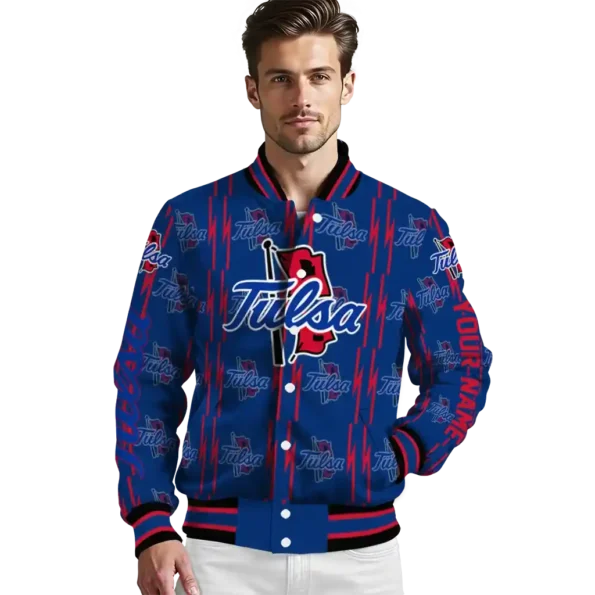 personalized tulsa golden hurricane bolt stripe blue varsity jacket high quality.webp