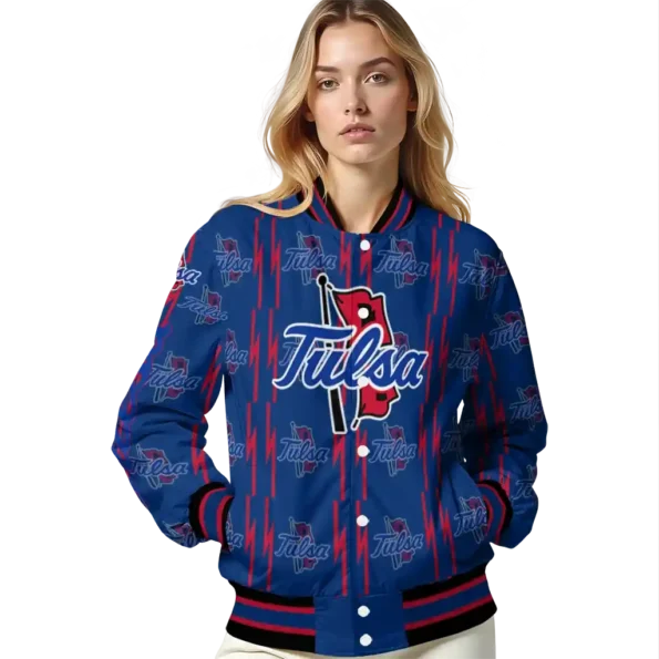 personalized tulsa golden hurricane bolt stripe blue varsity jacket latest model.webp