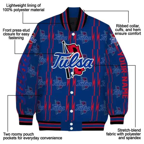personalized tulsa golden hurricane bolt stripe blue varsity jacket new arrival.webp