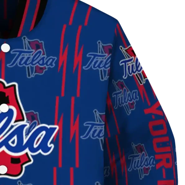 personalized tulsa golden hurricane bolt stripe blue varsity jacket premium grade.webp