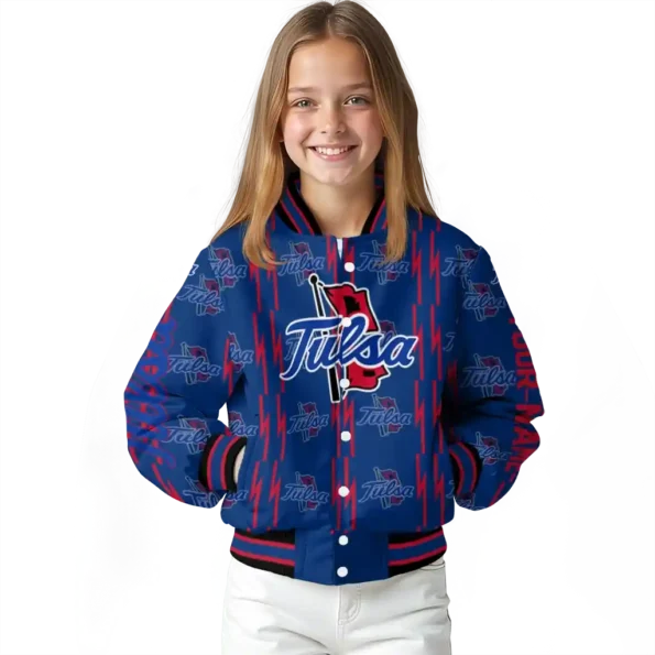 personalized tulsa golden hurricane bolt stripe blue varsity jacket top rated.webp