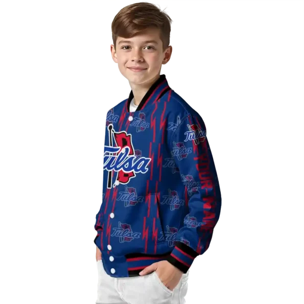 personalized tulsa golden hurricane bolt stripe blue varsity jacket trendy.webp