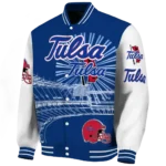 personalized tulsa golden hurricane ferris arena blue white varsity jacket best selling.webp