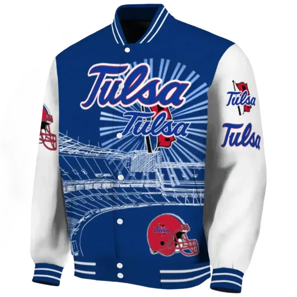 personalized tulsa golden hurricane ferris arena blue white varsity jacket best selling.webp