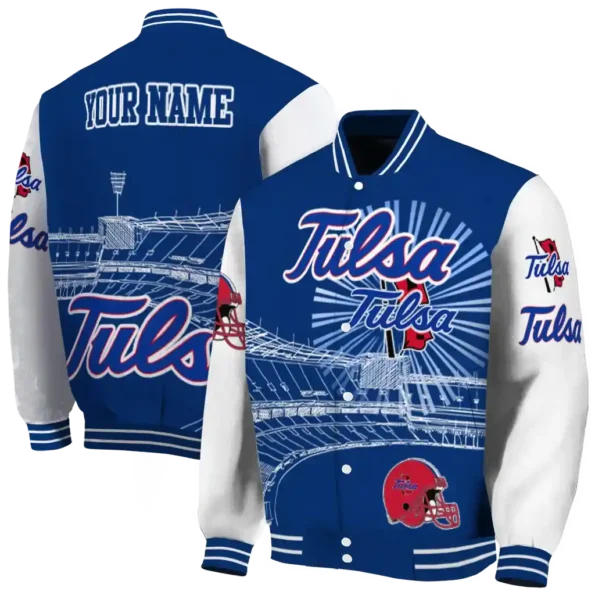 personalized tulsa golden hurricane ferris arena blue white varsity jacket fashion forward.webp