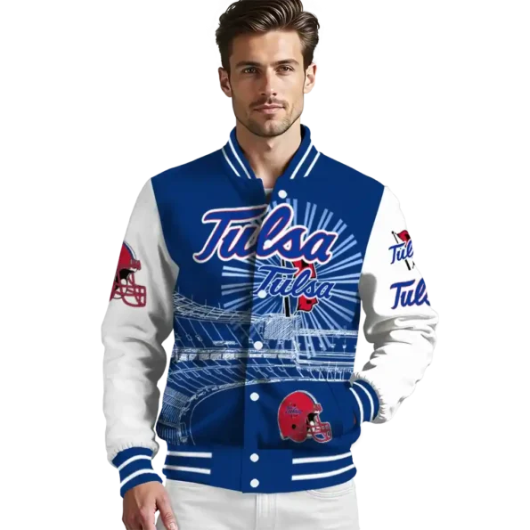 personalized tulsa golden hurricane ferris arena blue white varsity jacket high quality.webp