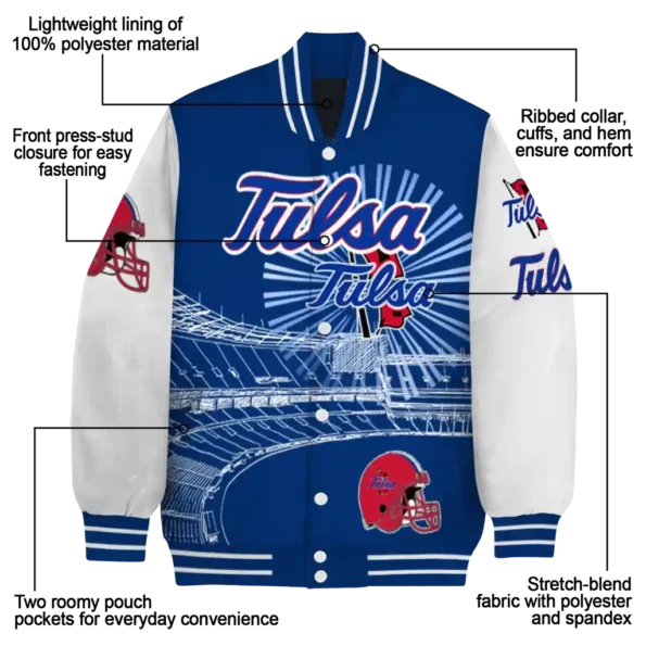 personalized tulsa golden hurricane ferris arena blue white varsity jacket new arrival.webp